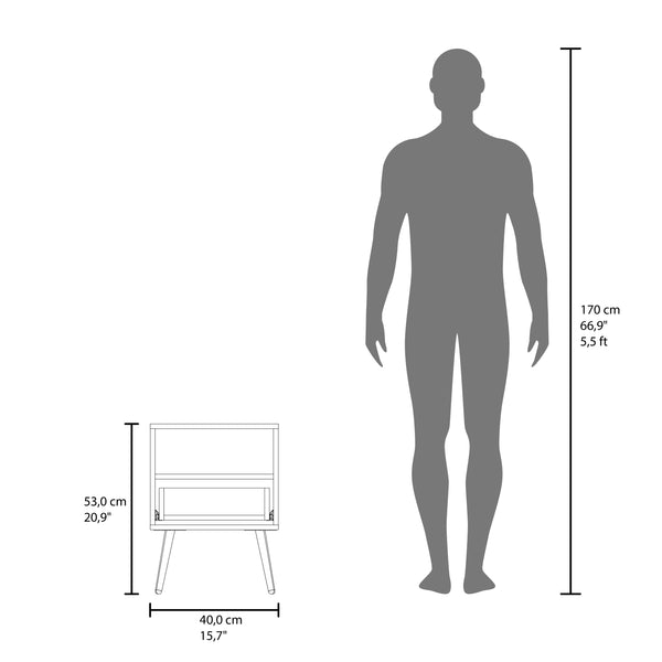 English Elm FM Prescott Valley Nightstand — Scandinavian Minimalist Nightstand with Drawer & Open Shelf, Oak White Finish B128P293870