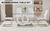 English Elm 1 Table and 4 Chairs Set.63"X35.4 Rectangular Transprant Tempered Glass Dining Tabletop With White Mdf Oc Shaped Bracket.Paried With 4 White High-Quality Pu Chairs With Silver Metal Legs.