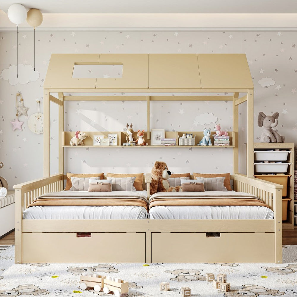 English Elm Double Twin House Bed Pine Wood Frame Kids Playhouse Bunk with Storage Drawers Natural W5305S00007