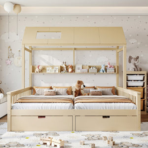 English Elm Double Twin House Bed Pine Wood Frame Kids Playhouse Bunk with Storage Drawers Natural W5305S00007