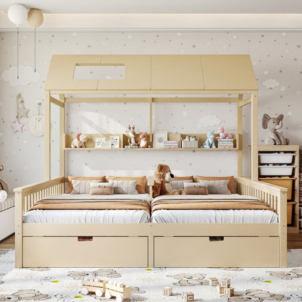 English Elm Double Twin House Bed Pine Wood Frame Kids Playhouse Bunk with Storage Drawers Natural W5305S00007