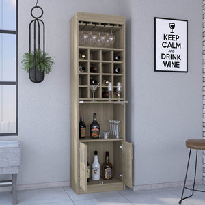English Elm Being Kava Floor Bar Cabinet Light Pine Finish with Wine Rack and Stemware Storage B200S00097