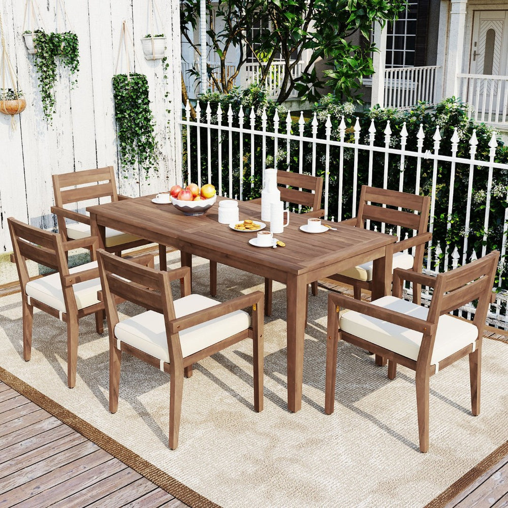 English Elm U_style Solid Acacia Wood Patio Dining Set Six Stackable Chairs Cushions Modern Outdoor Burly Wood WY000459AAD