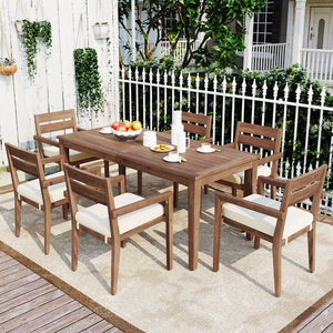 English Elm U_style Solid Acacia Wood Patio Dining Set Six Stackable Chairs Cushions Modern Outdoor Burly Wood WY000459AAD