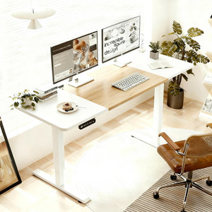 English Elm 55"×24" Electric Sit Stand Desk Steel Frame with Memory Presets and Usb-c Charging Port Oak Natural Wood + Antique White W614P376314