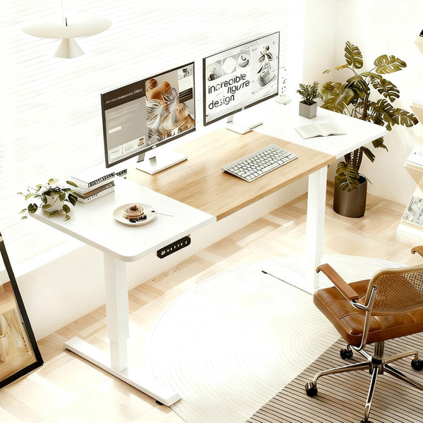 English Elm 55"×24" Electric Sit Stand Desk Steel Frame with Memory Presets and Usb-c Charging Port Oak Natural Wood + Antique White W614P376314