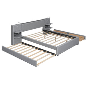 English Elm Queen Linen Upholstered Platform Bed with Storage Drawers, Trundle, Flip-Up Headboard & Lights Gray SF000187AAE