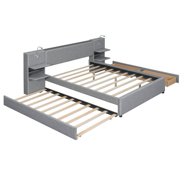 English Elm Queen Linen Upholstered Platform Bed with Storage Drawers, Trundle, Flip-Up Headboard & Lights Gray SF000187AAE