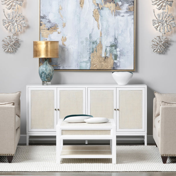 Crestview Collection Coastal  4-door Sideboard With Antique Brass Knobs - Elegant Mindi Wood & Raffia Storage Solution White Solid Wood Cvfdr1153