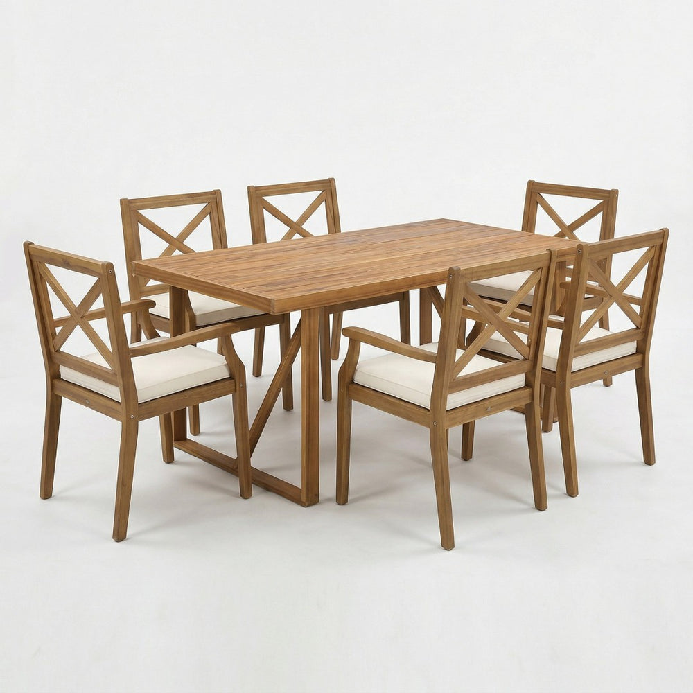 English Elm 7 Piece Solid Acacia Wood Outdoor Dining Set Teak Finish Six Armchairs Patio N762S000043AAK