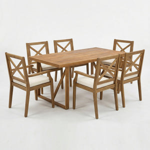 English Elm 7 Piece Solid Acacia Wood Outdoor Dining Set Teak Finish Six Armchairs Patio N762S000043AAK