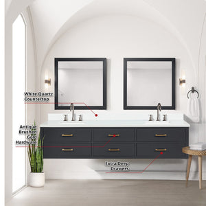 English Elm Black Double Bath Vanity 84" W X 22" D With White Quartz Top, Chrome Faucets & Matching Mirrors Set B2731S01849
