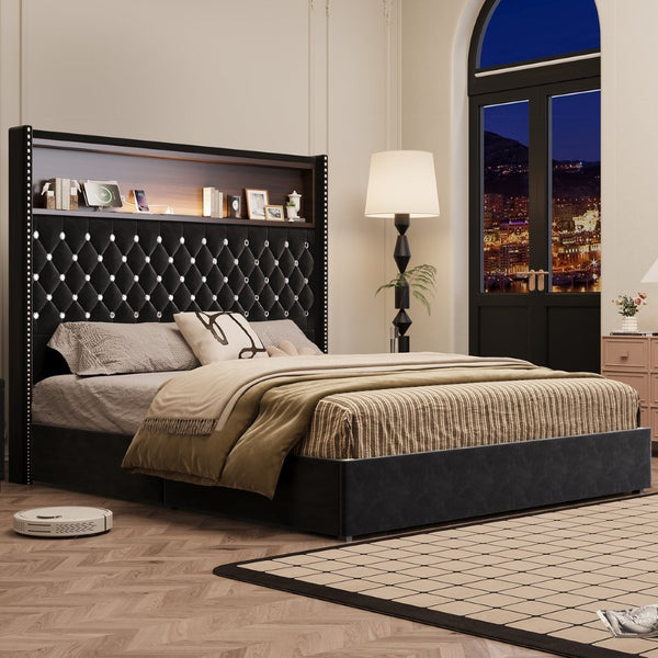 English Elm Queen Velvet Tufted Wingback Platform Bed Tall Headboard with Usb Charging Shelf Black N733P367135B