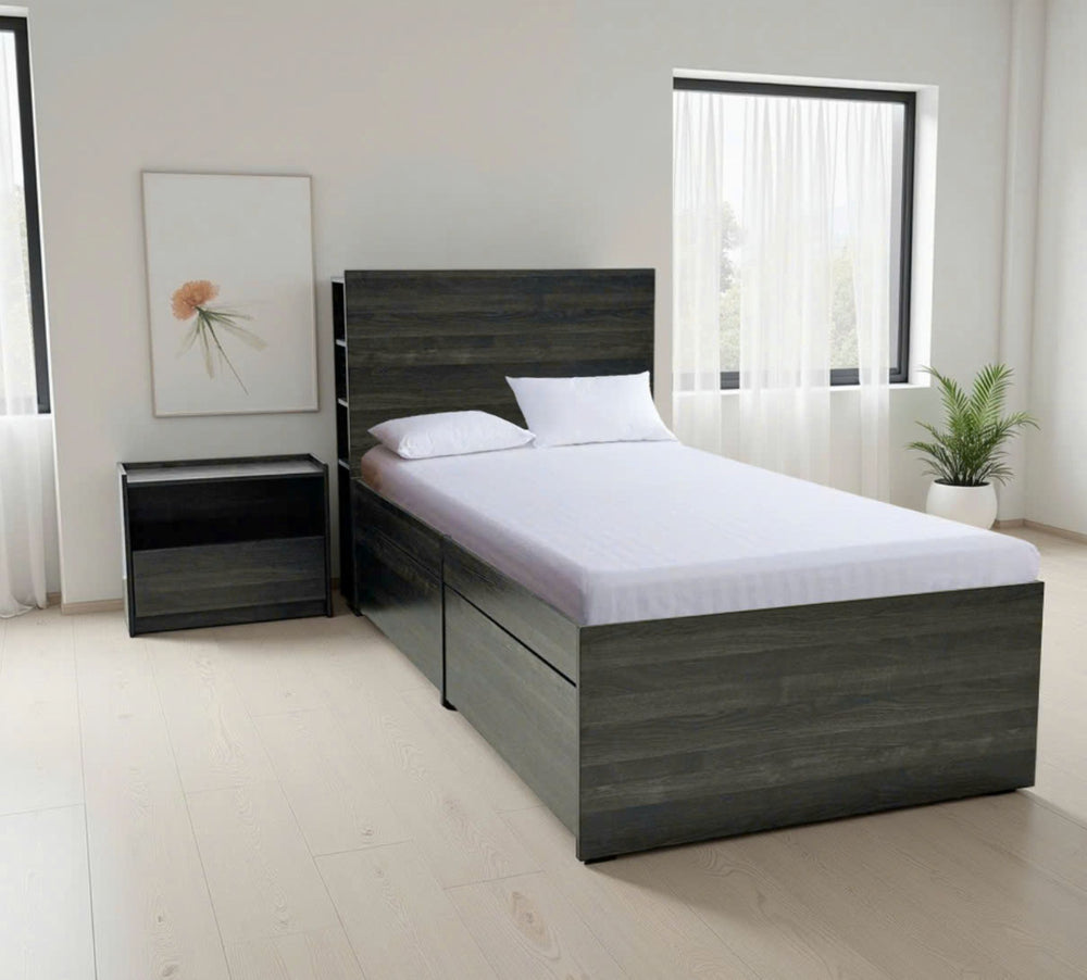 English Elm Robin Twin Storage Bed with Nightstand in Dark Gray — 4 Deep Drawers, Slatted Platform, Adjustable Headboard Shelving, Durable Build B040S00133
