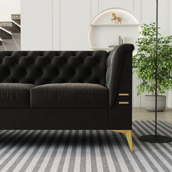 English Elm FX-P83-BK2(SOFA Luxurious Black Velvet 3-Seat Chesterfield Couch with Gold Legs, Tufted, Removable Cushions W576S00077