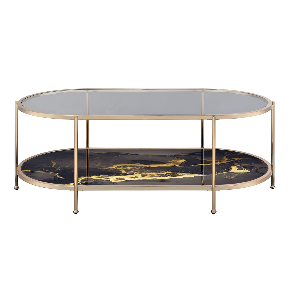 English Elm Fiorella Metal Frame Coffee Table with Glass Top and Champagne Finish, Marbled Lower Shelf Accent Black 54 L x 29 W x 5 H B2726P251673