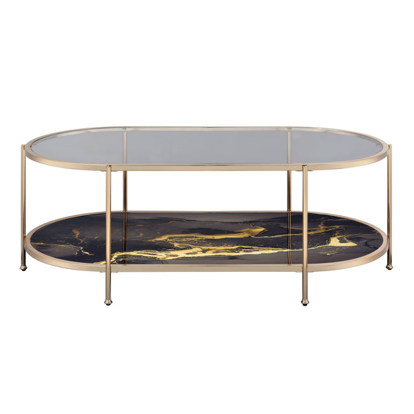 English Elm Fiorella Metal Frame Coffee Table with Glass Top and Champagne Finish, Marbled Lower Shelf Accent Black 54 L x 29 W x 5 H B2726P251673
