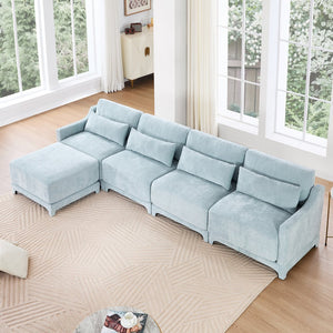 English Elm Four-Seater Sofa Set With Movable Ottoman, Ergonomic Chenille Design, Sky Blue For Stylish Living Spaces W714S01211