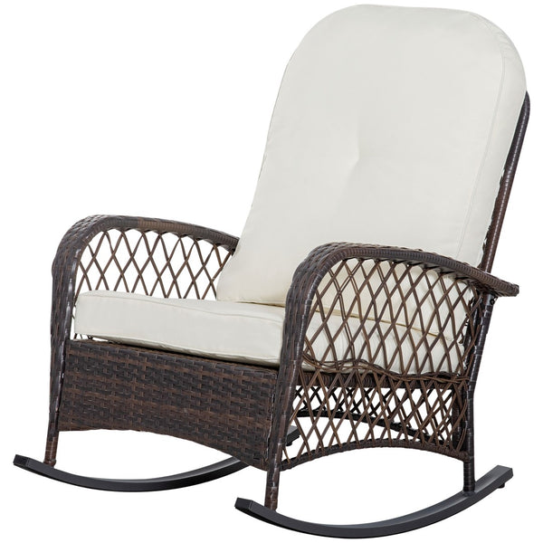 English Elm Outsunny Cream White Wicker Rocking Chair With Thick Cushion, Steel Frame, High Capacity For Outdoor Bliss W2225P200403-GIGA