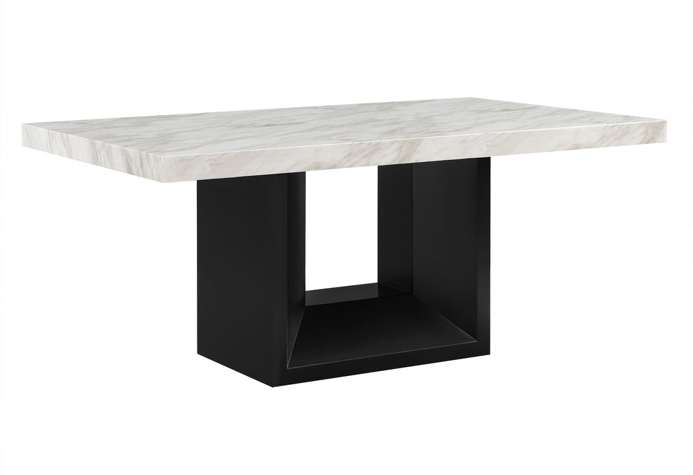 English Elm SHEENA Solid Wood Dining Table with White Faux Marble Top, Rich Black Finish & Angled Wood Base B201S00137
