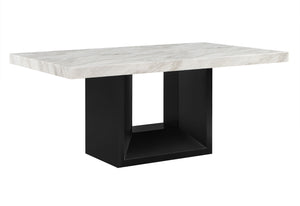 English Elm SHEENA Solid Wood Dining Table with White Faux Marble Top, Rich Black Finish & Angled Wood Base B201S00137