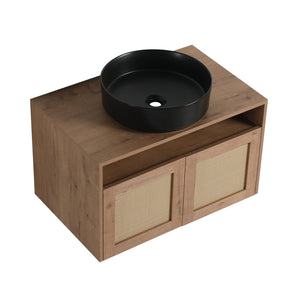 English Elm 30" Modern Wall-Mounted Bathroom Vanity With Black Ceramic Sink, Soft-Close Doors, Oak Finish W999S00398