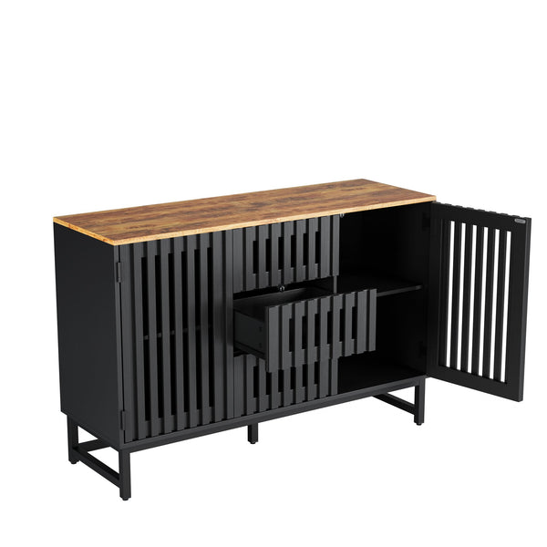 English Elm 3 Drawer Black Dresser with 4 Shelves and Slatted Grille Doors — Modern MDF Sideboard, Durable Metal Legs, Ample Storage for Bedroom & Living Room W578P193314