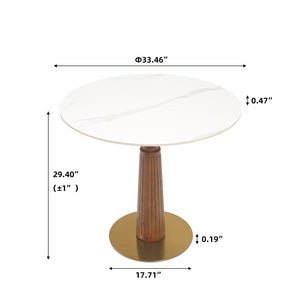 English Elm Modern Round Dining Table - 33.5" Sintered Stone Top With Wooden Legs & Gold Base, 2-Person Design W1535S00575