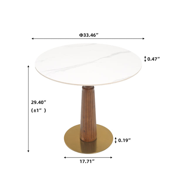 English Elm Modern Round Dining Table - 33.5" Sintered Stone Top With Wooden Legs & Gold Base, 2-Person Design W1535S00575