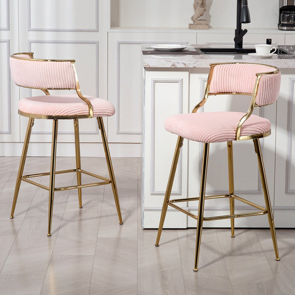 English Elm (SET of 2) 26'' Counter Height Bar Stools Pink Corduroy with Back Cushion, Gold Chrome Base & Footrest W2215P290561