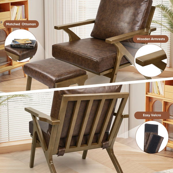 English Elm Mid-Century PU Leather Accent Chair with Ottoman — Ergonomic Thick Upholstery, Flared Legs, Durable Comfort Brown T3950P397488