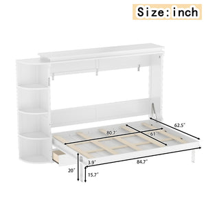 English Elm Queen Murphy Wall Bed with Side Cabinets Open Shelving and Drawers for Studio Rooms White W1580S00452