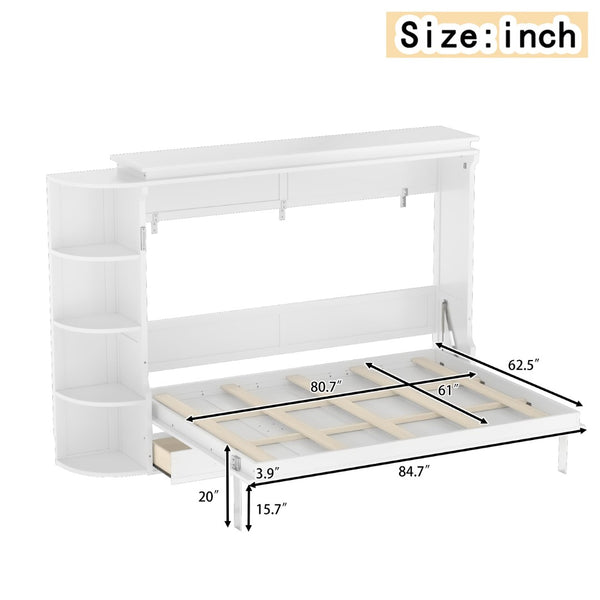 English Elm Queen Murphy Wall Bed with Side Cabinets Open Shelving and Drawers for Studio Rooms White W1580S00452