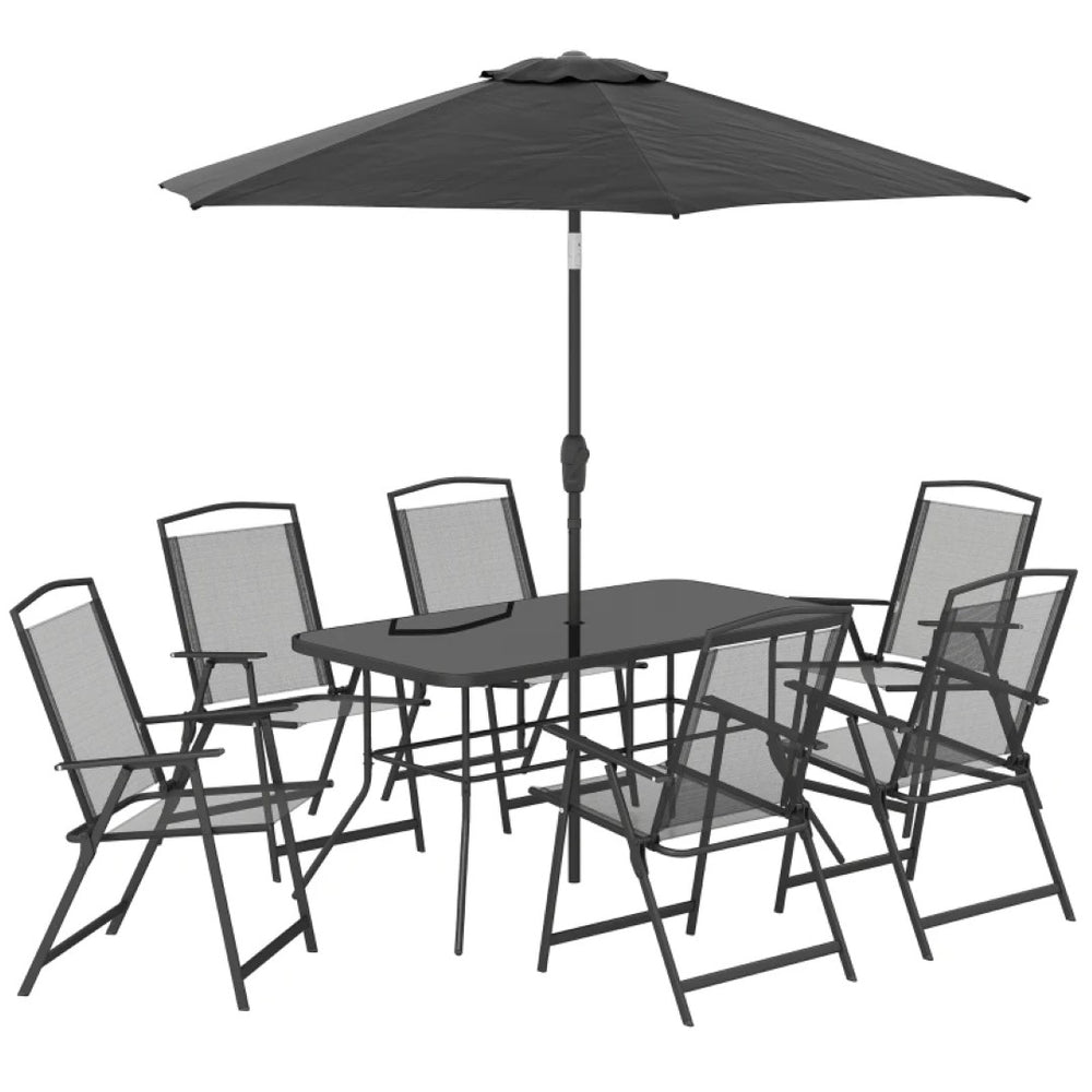 English Elm Backyard 8 Piece Outdoor Dining Set with Tempered Glass Table and Folding Chairs T3971S00239