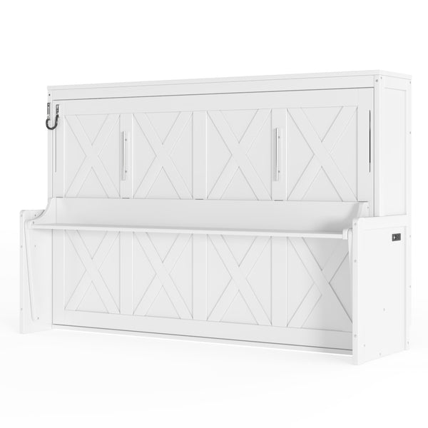 English Elm Full Murphy Bed with Fold Down Desk Led Lighting and Usb Port for Studio Spaces White W1580S00454