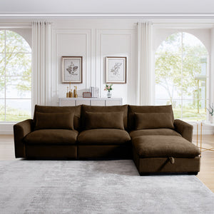 English Elm Corduroy Sectional Sofa - Versatile L-Shaped Couch With Storage Footstool & Lumbar Pillows, Brown W714S00661