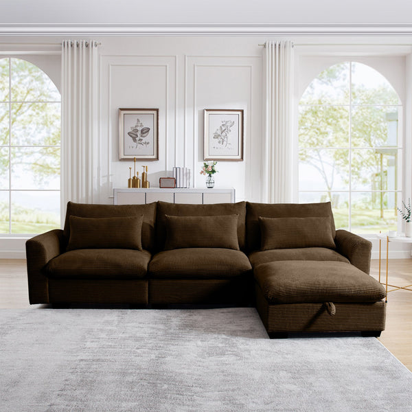 English Elm Corduroy Sectional Sofa - Versatile L-Shaped Couch With Storage Footstool & Lumbar Pillows, Brown W714S00661