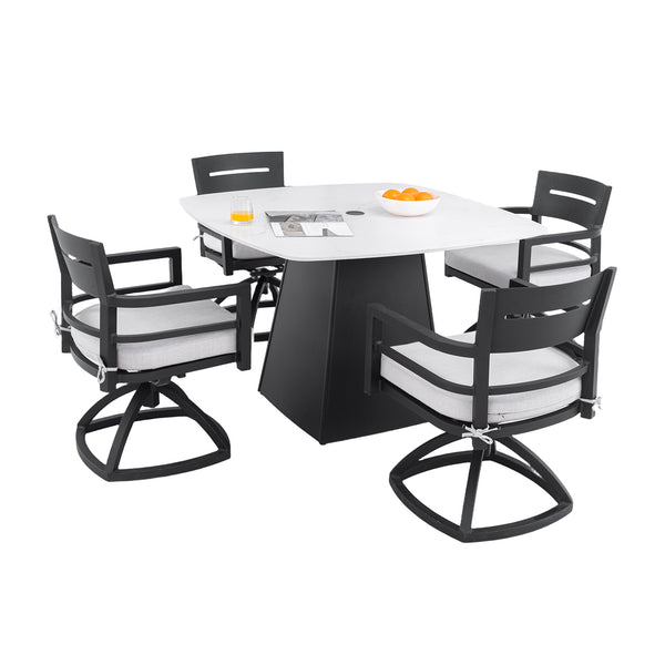 English Elm 5-Piece Outdoor Dining Set With 44" Rounded Square Table & Swivel Rockers - Stylish, Durable, Weather-Resistant! W1886S00024