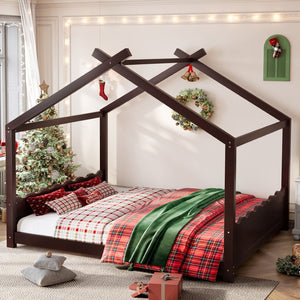 English Elm Queen House Frame Floor Bed Solid Pine Montessori Low Profile Kids Bedroom Espresso W1580P387850