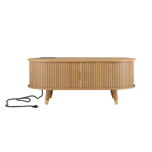English Elm [Assembly Fluted Tambour Coffee Table with 360° Sliding Door, Built-In Charging Station & Mid-Century Flair Natural N721P297572L