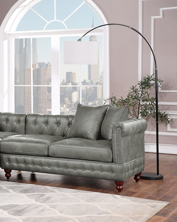 English Elm Reversible One-Arm Loveseat with Button-Tufted Back, Rolled Arm and Stud Detail in Leatherette Finish Light Slate Grey 63 L x 38 W x 16 H B011P234289
