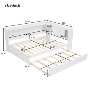 English Elm Full Pine Daybed with Trundle Sliding Storage Shelves Led Lighting and Usb Charging White GX004003AAK