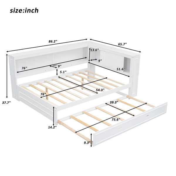 English Elm Full Pine Daybed with Trundle Sliding Storage Shelves Led Lighting and Usb Charging White GX004003AAK