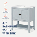 English Elm 30" Gray Modern Sleek Bathroom Vanity Elegant Ceramic Sink With Solid Wood Frame Open Style Shelf & Door Shelf Design