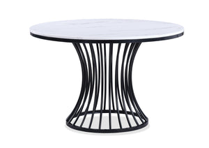 English Elm 1pc Round Faux Marble Dining Table 47.5" RD x 30"H — Sculptural Cage Base, Modern Black Finish B011S01393