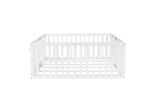 English Elm Twin Floor Bed Solid Rubber Wood with Tall Safety Railings for Toddler Sleep White W504P287658