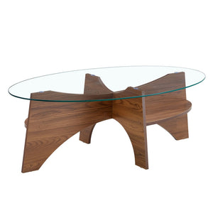 English Elm Oval Tempered Glass Coffee Table with Wood Grain Legs and Built-in Fan Tray Shelf W1151P256008