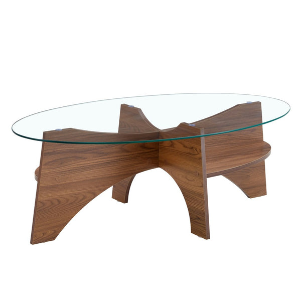 English Elm Oval Tempered Glass Coffee Table with Wood Grain Legs and Built-in Fan Tray Shelf W1151P256008