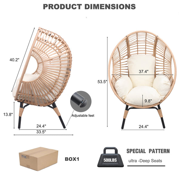English Elm New PE Wicker Egg Chair with Ergonomic High-Front Low-Back Design, Weather-Resistant Rattan & Plush Cushion Comfort Natural W400P241059