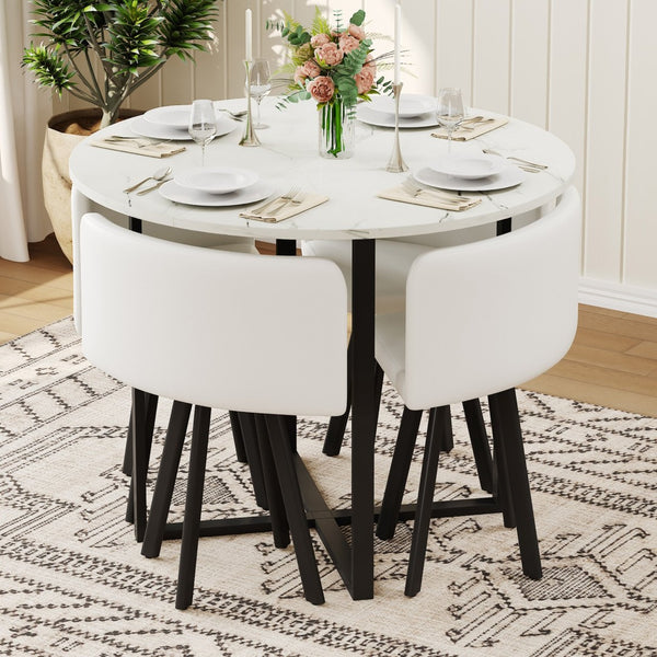 English Elm 5 Piece Round Faux Marble Dining Set with Pu Leather Chairs for Small Apartments White W3875S00087
